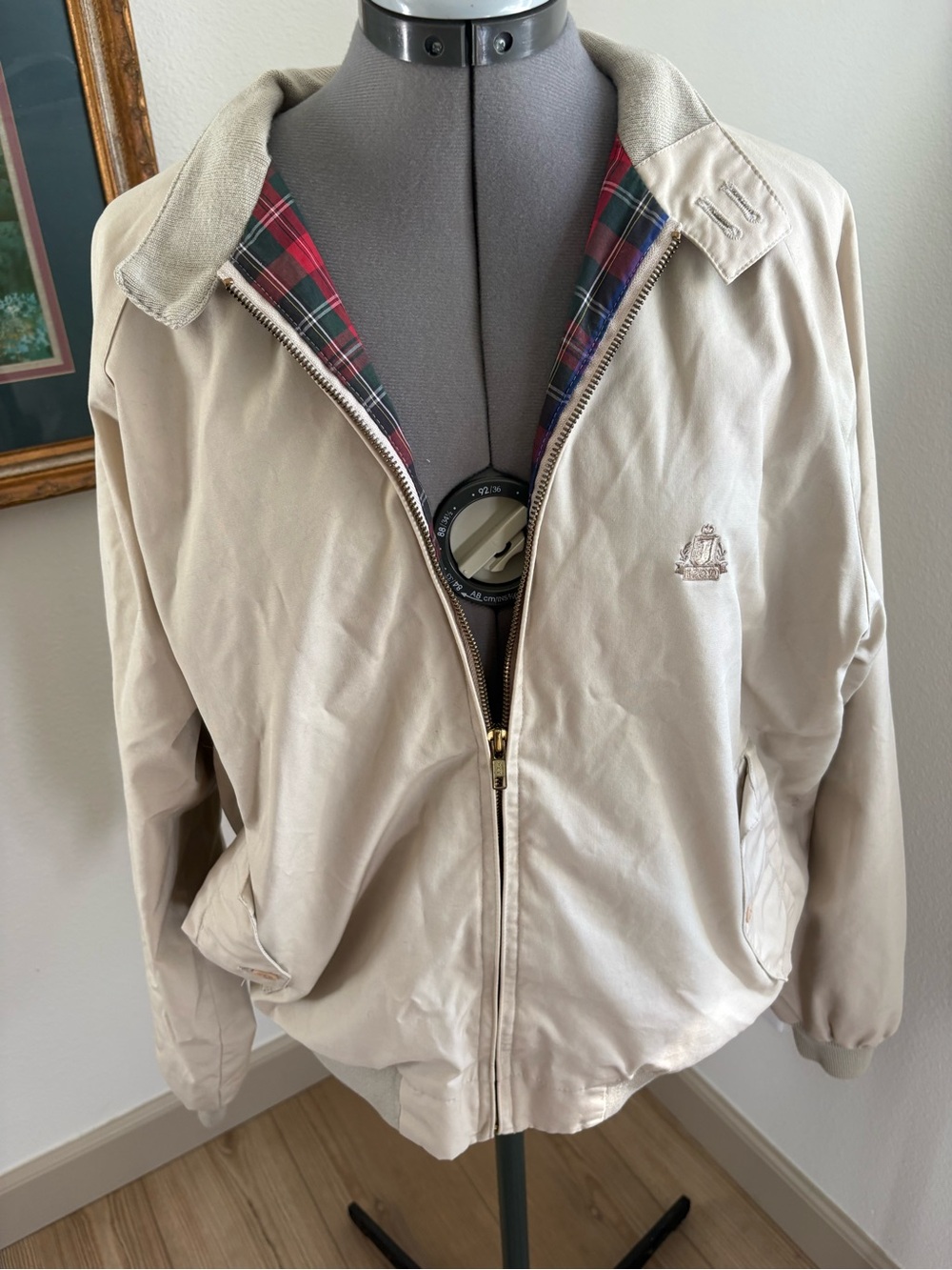 Izod Beige Bomber Jacket with Tartan Plaid Lining